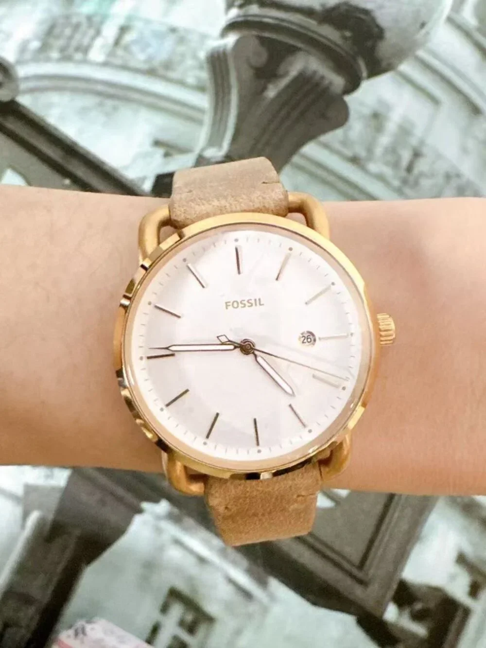 Fossil Commuter ES4335 Rose Gold White Dial Beige Leather Quartz Watch